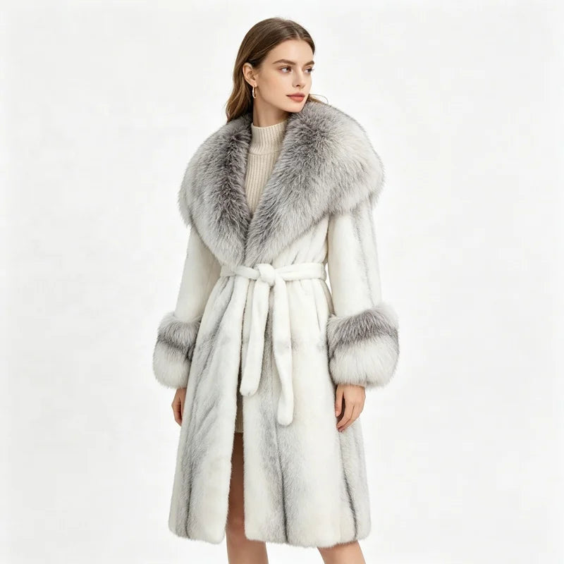 Black/White Color Women's Elegant Thick Woven Plush Artificial Fur Coat Big Lapel Fox Collar Belt Waist Long Winter Warm Eco-Friendly Plain Dyed Outerwear Windproof Long Jackets Ladies Winter Apparel Supplies.