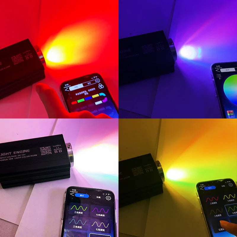 Bluetooth APP/Remote Control RGBW Fiber Optic Light Engine Car Roof Ceiling Starry Sky Meteor Projector Twinkle Music Sync Ambient Light Dynamic Symphony Atmosphere Vehicle Night Decoration Supplies
