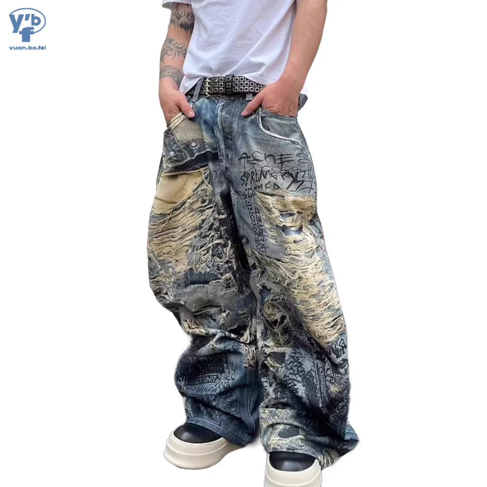 NEW Arrivals S-3XL Plus Size Men's Boys Baggy Jeans Pants Heavy Distressed 3D Digital Print Graffiti  Straight Jeans Wide Leg Denim Pants Evening Rave Music Party Y2K Streetwear Autumn Spring Casual Clothing Supplies