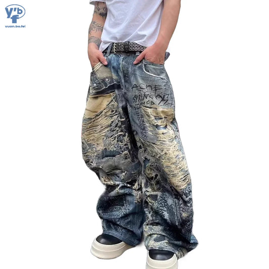 NEW Arrivals S-3XL Plus Size Men's Boys Baggy Jeans Pants Heavy Distressed 3D Digital Print Graffiti  Straight Jeans Wide Leg Denim Pants Evening Rave Music Party Y2K Streetwear Autumn Spring Casual Clothing Supplies