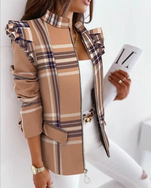 NEW Latest Fashion Design 8 Colors S-2XL Autumn Winter Spring Coats for Ladies Women  Ruffle Long Sleeve Zipper Office Lady Blazer Jackets Ladies Apparel Accessories
