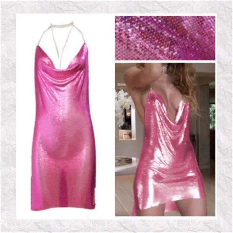 10 Colors Women's Sexy Diamond Halter Metal Party Dresses Gold Silver Summer Evening Beach Party Slit Dress Backless Sequins Night Clubwear Hot Mini Dress Women Clothing Supplies