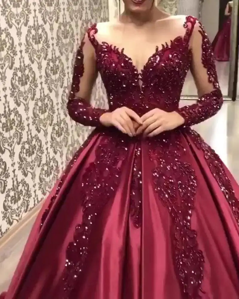 Mother of Bride Luxury Elegant Women S-2XL Red  Long Sleeve Lace Maxi Dress Formal Evening Party Prom Ball Gown Hot Selling Celebrities Ladies Luxury Apparel Supplies