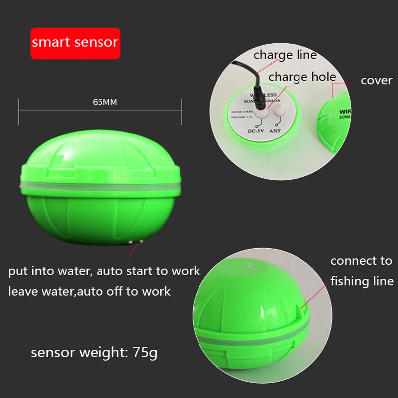 English Language 100-200meters Professional Wireless Sonar Fish Finder Dot Matrix Sonar Sensor Transducer Depth Echo Sounder  Recharged Battery Ocean Lake River Fishing Supplies