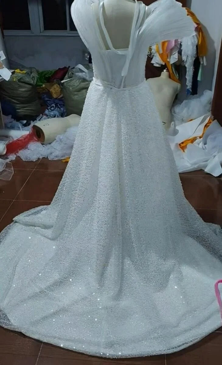 Mother of Bride Autumn Spring Luxury White Sculpted Shoulder Beaded Mermaid Gown Dramatic Pearl Wedding Dress for Red Carpet & Formal Events Celebrities Gown Ladies Luxury Clothing Supplies