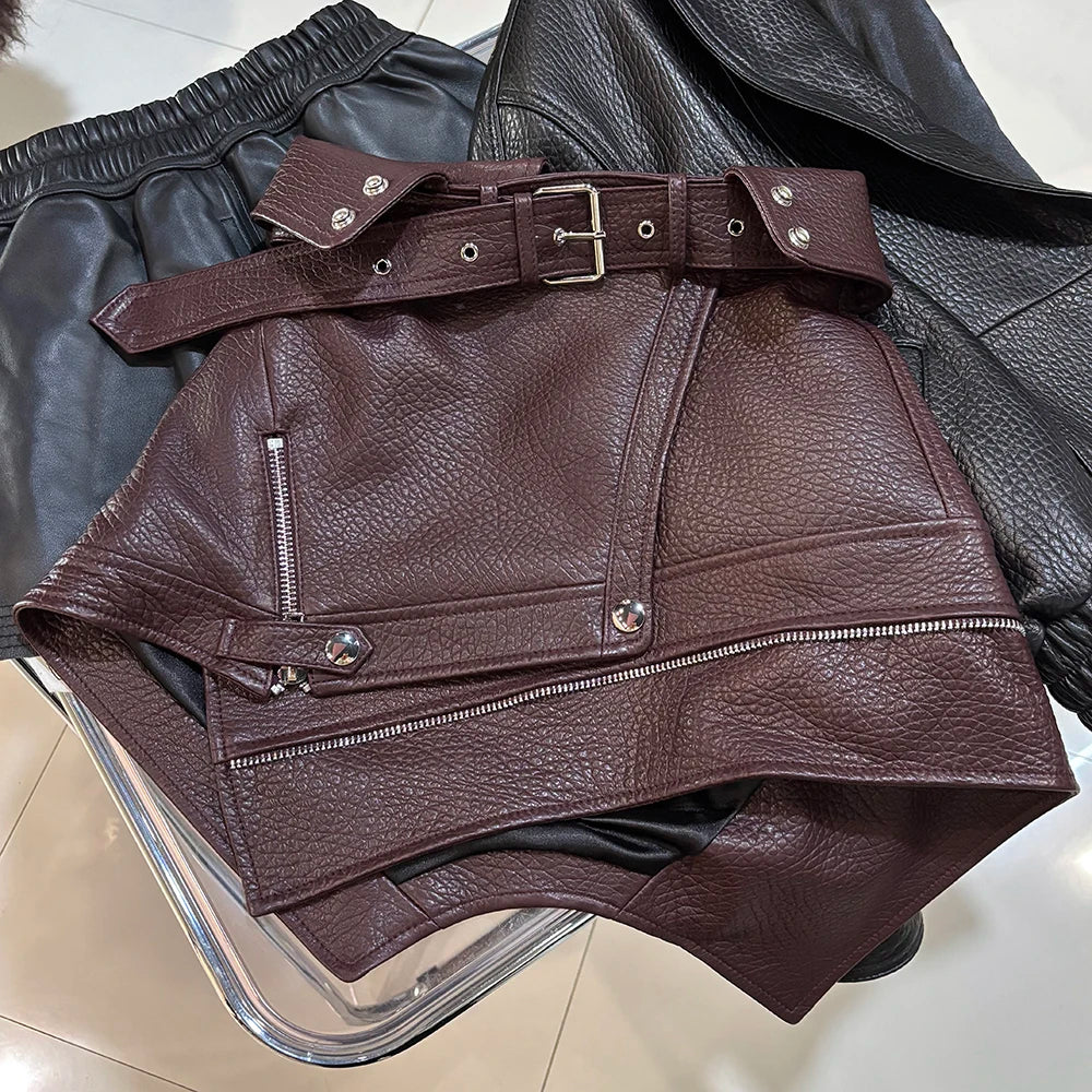 100% Sheepskin Real Genuine Leather Asymmetrical Mini Skirt Black/Burgundy/Pink Color S-3XL Plus Size Fitted Leather Skirt with Belt Women's Real Leather Skirt Autumn Spring Women Luxury Apparel Accessories