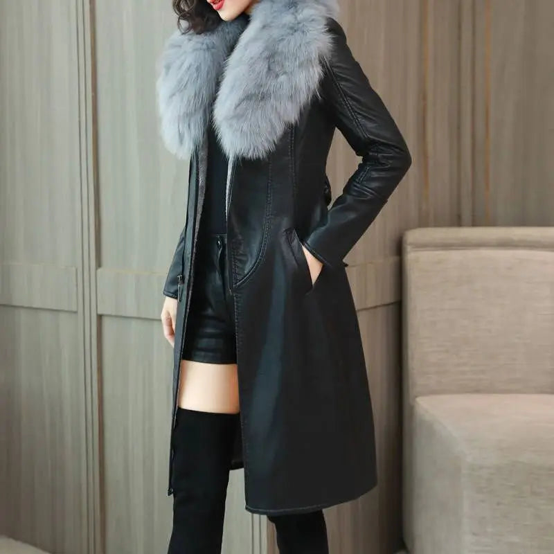 Black/Brown Color M-4XL Plus Size New Women Faux Leather Jacket for Winter Plus Velvet Warm Slim Big Fur Collar Long Leather Women's PU Leather Coat Female Snow Outerwear Winter Apparel Supplies