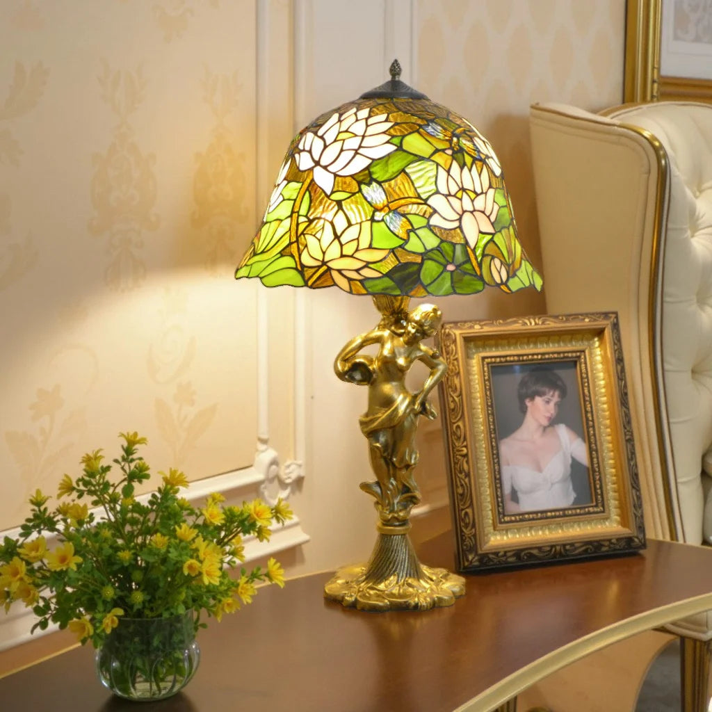 Villa Home Luxury Tiffany Lamps 16 Inch Wide Stained Glass Lampshade Bedroom Bedside Lamp, Bar Study, Living Room Decoration Desk Lamp Lights