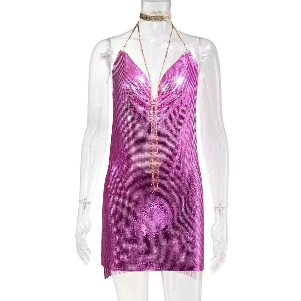 10 Colors Women's Sexy Diamond Halter Metal Party Dresses Gold Silver Summer Evening Beach Party Slit Dress Backless Sequins Night Clubwear Hot Mini Dress Women Clothing Supplies