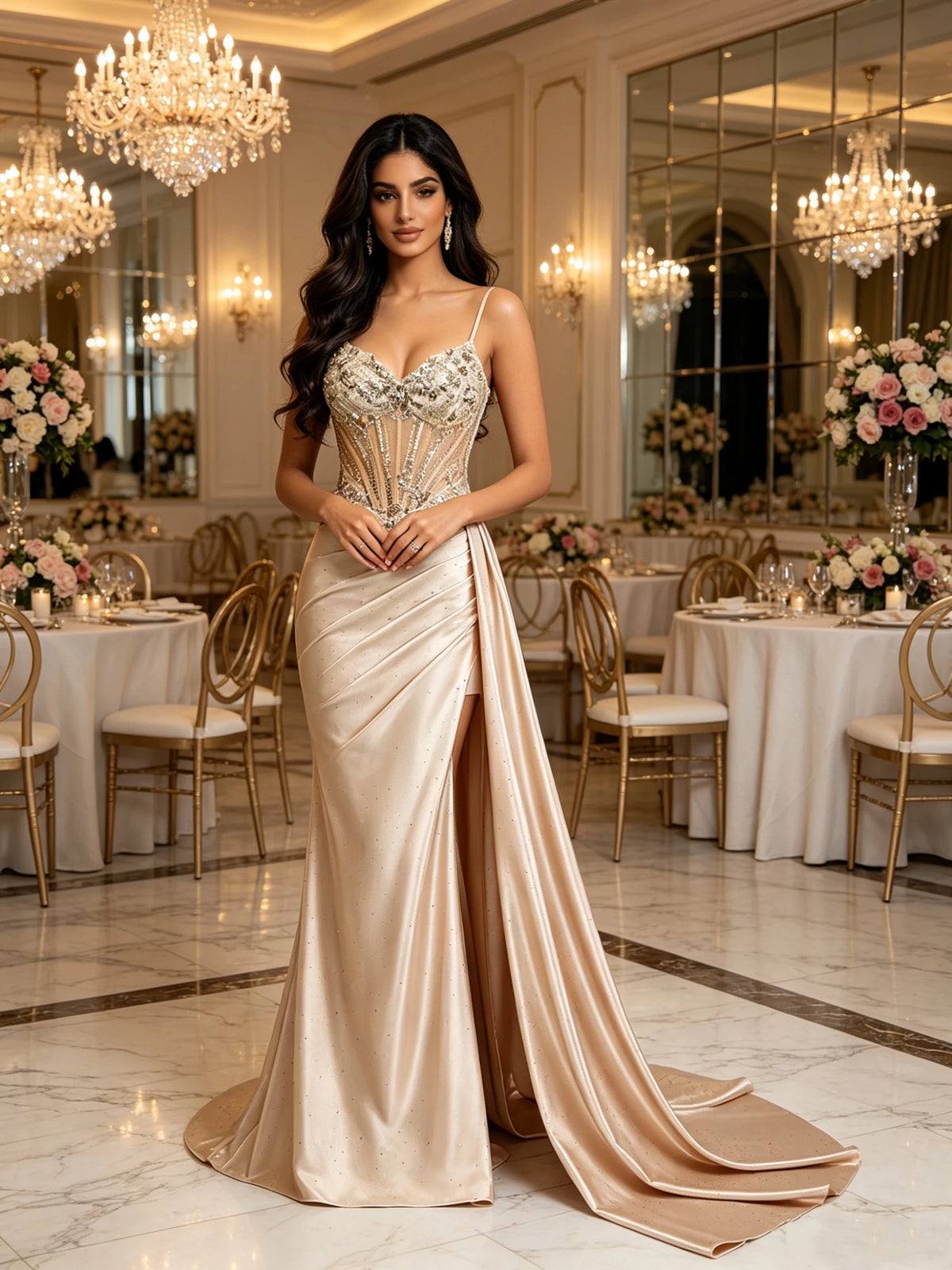 Mother of Bride Luxury Champagne Gold Mermaid Wedding Evening Prom Party Dress Sheer Boned  3D Sequin Embroidery Satin Evening Gown High Slit Lace-Up Back Wedding Guest Red Carpet Celebrities Mermaid Gowns