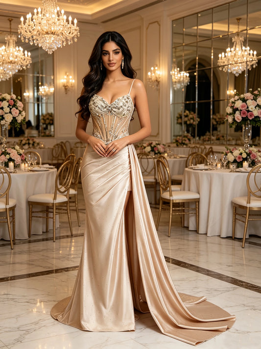 Mother of Bride Luxury Champagne Gold Mermaid Wedding Evening Prom Party Dress Sheer Boned  3D Sequin Embroidery Satin Evening Gown High Slit Lace-Up Back Wedding Guest Red Carpet Celebrities Mermaid Gowns