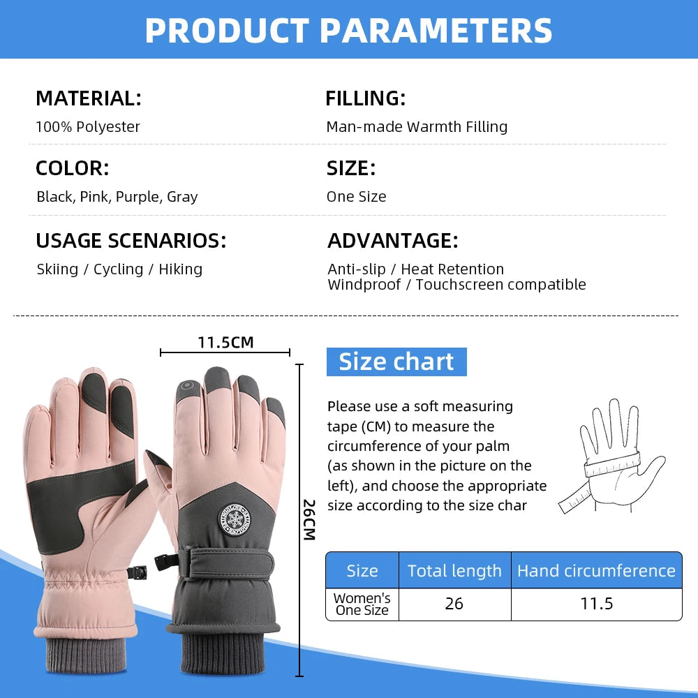 Purple/Black/Dark Gray Color Women Professional Ski Gloves Waterproof Windproof Thick Fleece Lined Touch Screen PU Anti Slip Mountaineering Skiing Durable Warm Design