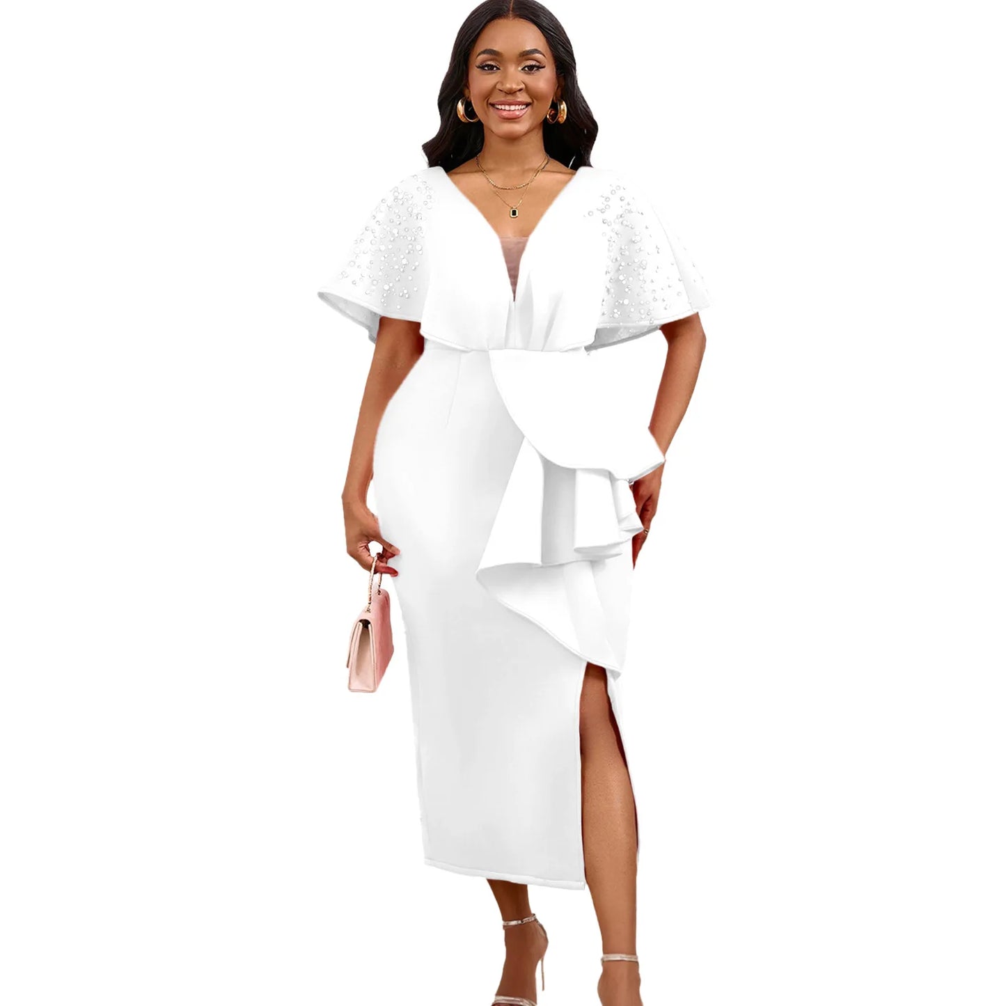 S-3XL Plus Size Women's Latest Design Spring Autumn Summer Sexy Fashion Evening Party Dress Women Sexy V-Neck Ruffle Split Beaded Elegant Evening Dresses Ladies Clothing Supplies