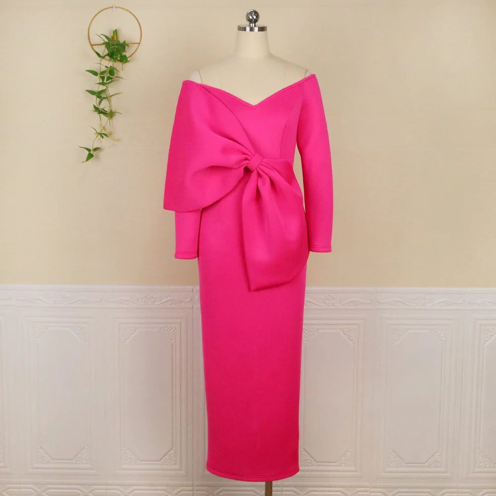 Boutique Gala Hot Selling S-3XL Plus Size Elegant Rose Big Bowtie Off Shoulder Deep V-Neck Wedding Guest Night Prom Party Dresses Women Long Gown Evening Dresses Ladies Apparel Supplies