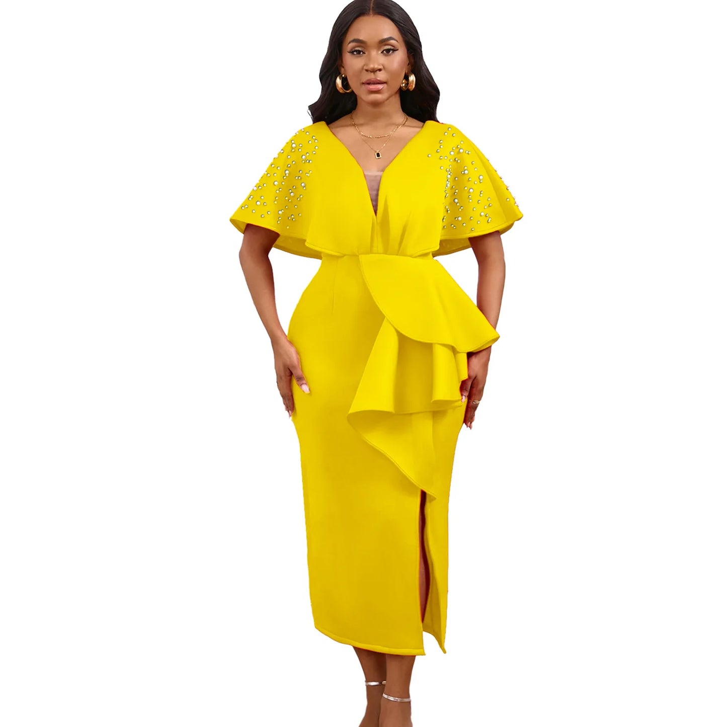 S-3XL Plus Size Women's Latest Design Spring Autumn Summer Sexy Fashion Evening Party Dress Women Sexy V-Neck Ruffle Split Beaded Elegant Evening Dresses Ladies Clothing Supplies