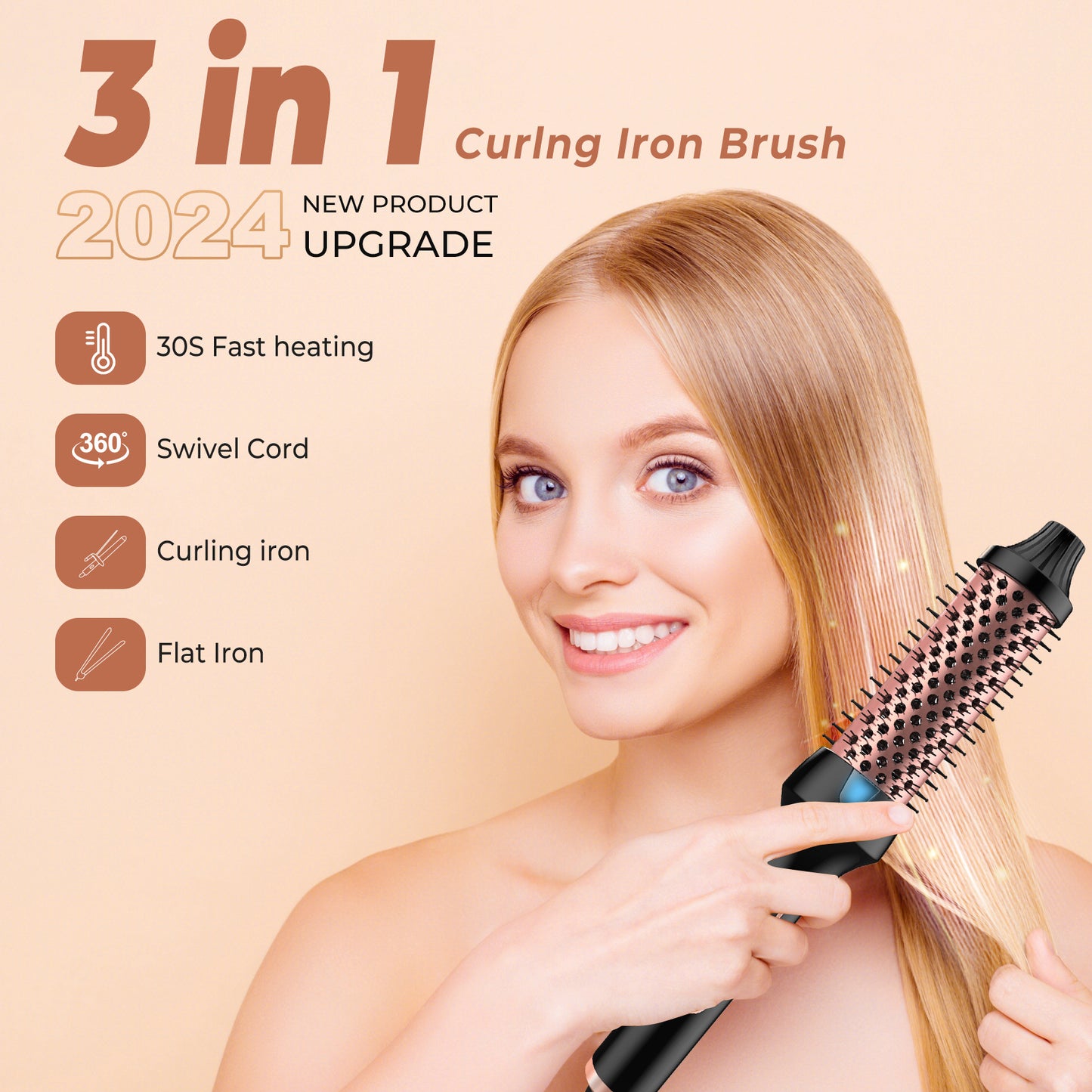 UK Plug Heated Styling Brush 3-in-1 Ionic Hair Curler/Straightener with Anti-Scald Electric Curl Wand Curling Iron Hair Styling Tools