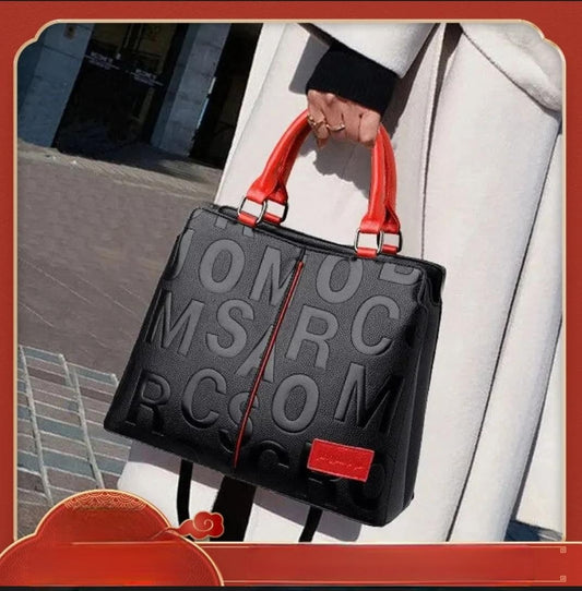 New Fashion Solid Color Shoulder Large Capacity Soft Leather Cloth Letter Embossed Ladies Handbag