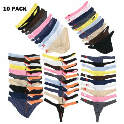 10PCS Set/Lot Sexy Men Underwear Gifts for Husband Boyfriend Lover Low Waist Cueca Ice Silk Underpants Supplies G-String Brazilian Tanga Gay T-Back Thong Sexy Jockstrap Bikini Briefs Panties Male Lingerie Fashion Clothing Pro