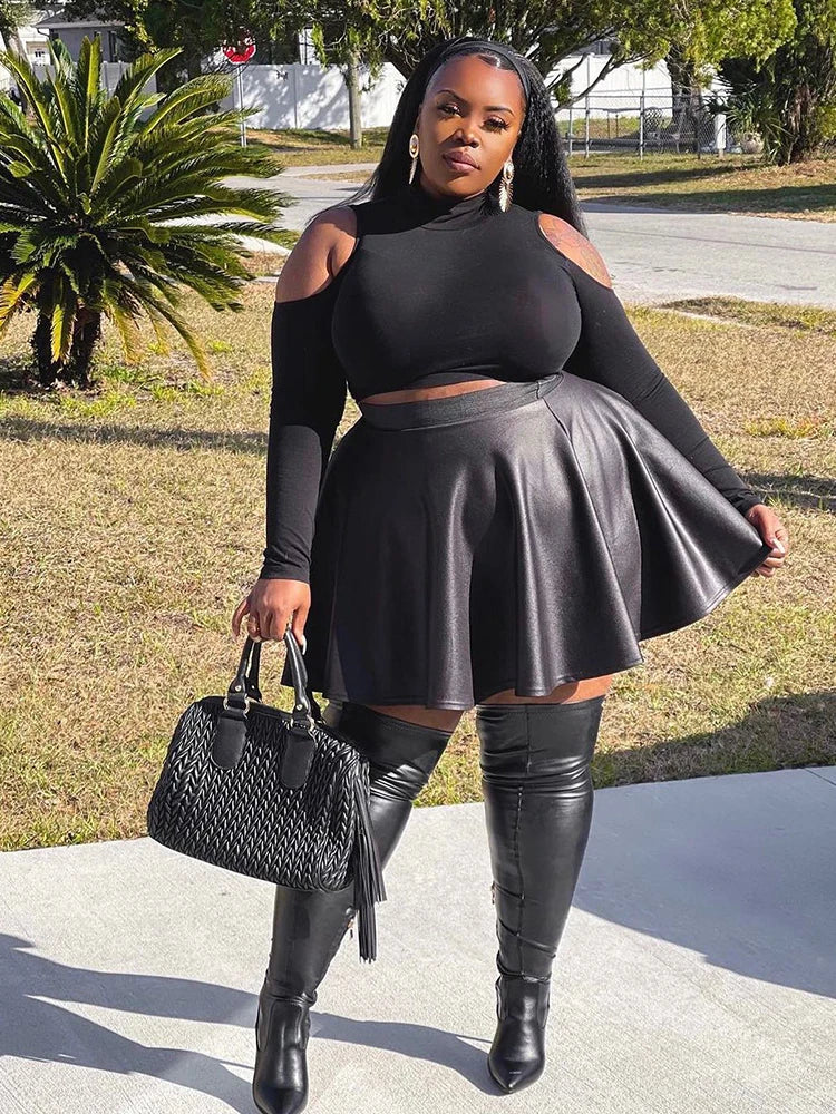 L-5XL Plus Size Elegant Leather Skirts for Curvy Women and Big Girls Summer Streetwear Leather Skirt Sexy A-Line Flare Ladies Black Skirt Evening Party Night Clubwear