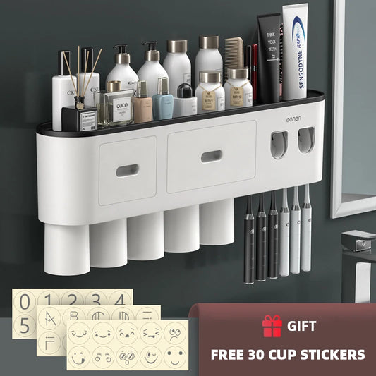 NEW Arrivals  Wall Mounted 5 Cups Toothbrush Holder Magnetic Adsorption Inverted Toothpaste Squeezer Double Automatic Toothpaste Dispenser Bathroom Accessories