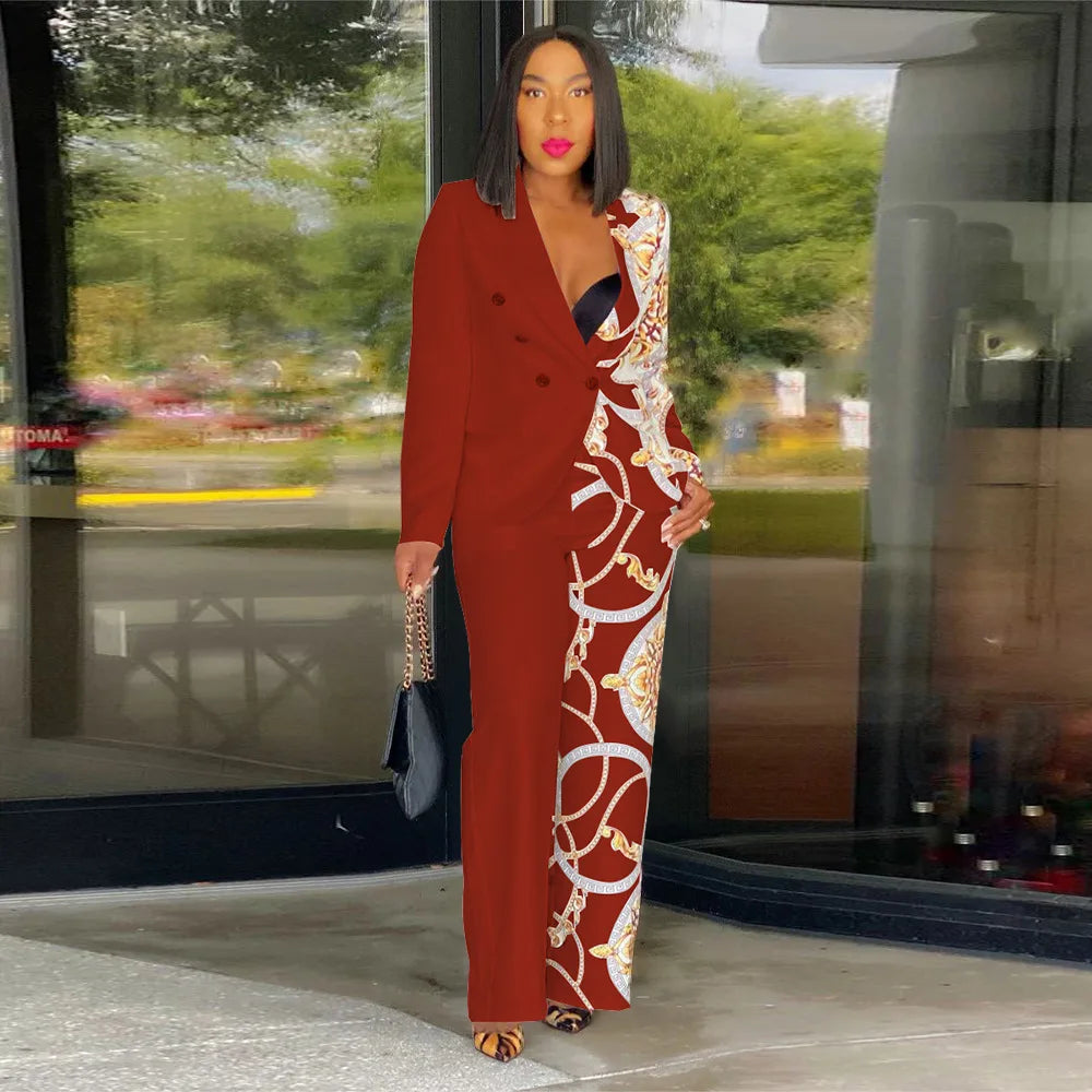 Women Formal Jacket & Trousers Office Lady Outfits Autumn Women Two Pieces Set Print Blazer Coat & Pants Suit Sets Female
