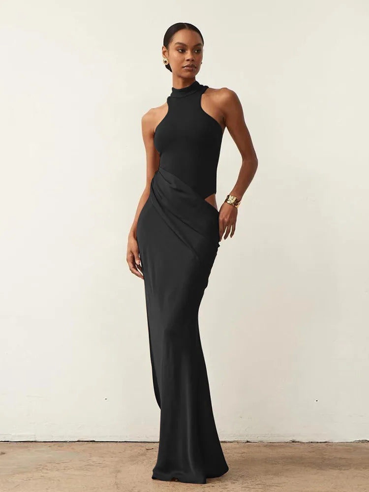Low-Price Sales are Limited NEW Luxury Satin Sexy Hollow Out Women Maxi Dress Black Sleeveless High Waist Dress Female Autumn Skinny Elegant Evening Wedding Party Night Clubwear Business Dinner Outfits Ladies Luxury Fashion C