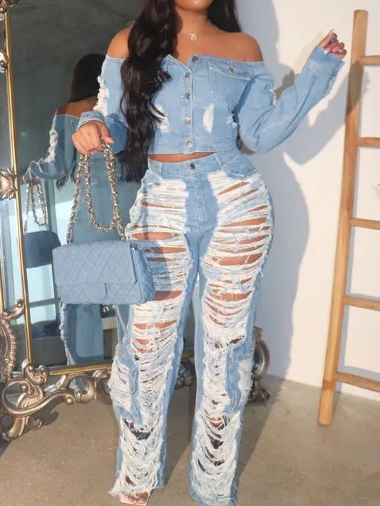 S-2XL Sexy Women Outfit High Waist Pocket Design Ripped Jeans Streetwear Pants Autumn Summer Spring New Fashion Girls Casual Fashion Clothing Supplies