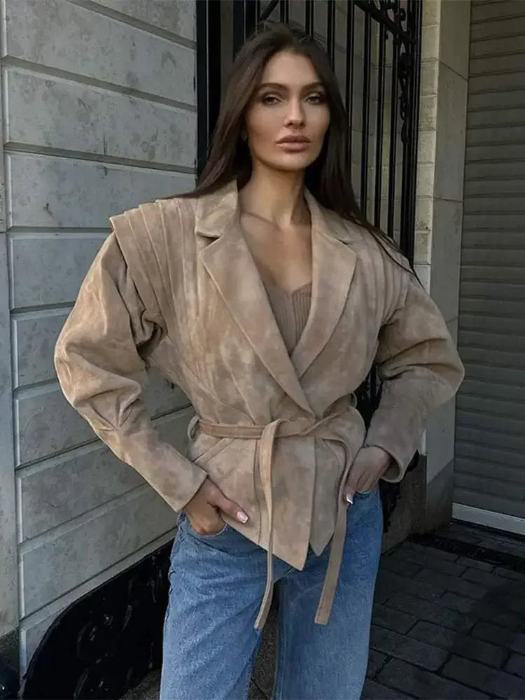 NEW Arrivals UK Size 3 Colors Women High Street Leather Jacket Versatile Brown Long Sleeves V-Neck Lace-Up Jacket Coats Winter Causal Chic Female Outwear