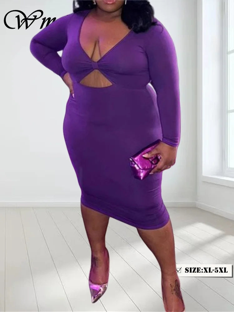NEW Arrivals XL(18)-5XL(26-28) UK Plus Size Sexy Spring Summer Purple Dress Chubby Women Bodycon Stretch V-Neck Hollow Out Elegant Long Sleeve Summer Evening Party Maxi Dress