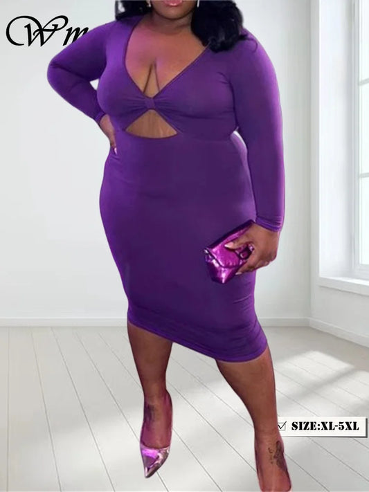 NEW Arrivals XL(18)-5XL(26-28) UK Plus Size Sexy Spring Summer Purple Dress Chubby Women Bodycon Stretch V-Neck Hollow Out Elegant Long Sleeve Summer Evening Party Maxi Dress