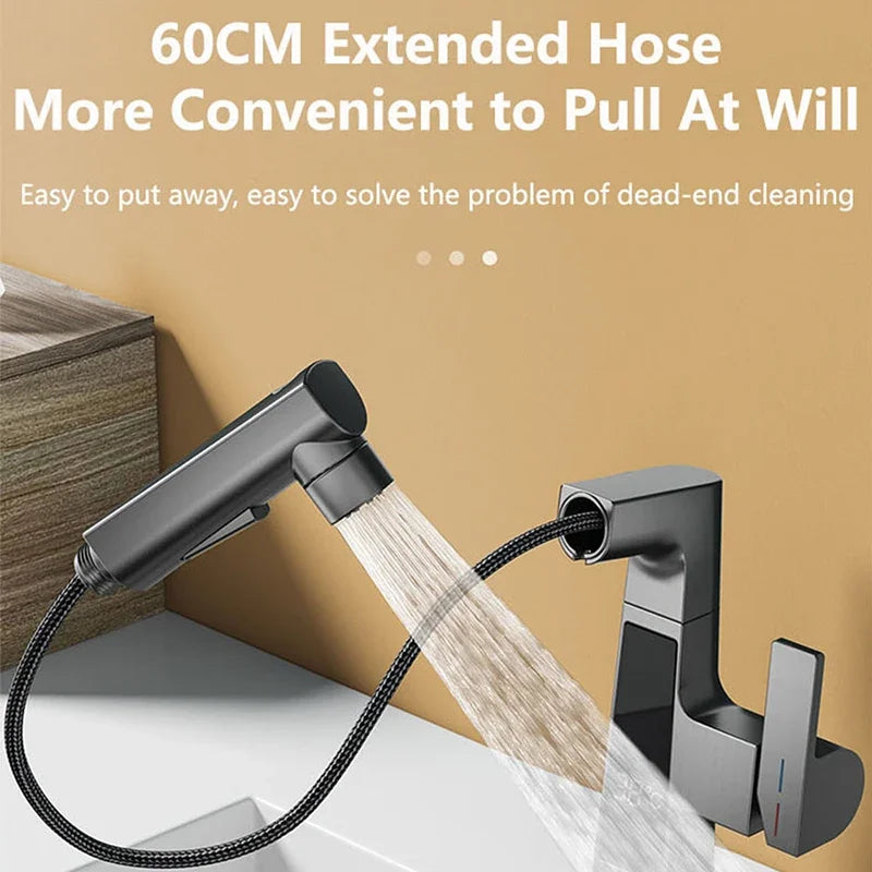 NEW Digital Display Pulling Faucet with Washing Gun Intelligent Temperature Sensor Brass Washbasin Taps Rotating Lifting Cold and Hot Water Mixer Tap Home Bathroom Kitchen Accessories