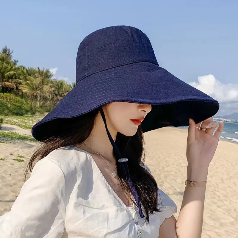 Summer Wide Brim Sun Hat Women's Foldable Travel Packable Bucket Hat Japanese UV Sunscreen Cotton Linen Beach Hat Fisherman Hat