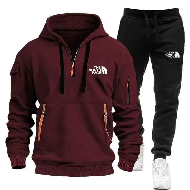 NEW Arrivals 2PCS Set S-3XL 8 Colors Autumn and Winter Men's New Multi-Pocket Zipper European Size Warm Long-Sleeved Hooded Sweatshirt + Pants Gym Fitness Suit Male Men Sports  Casual Fashion Apparel Supplies