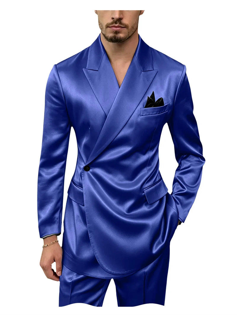 8 Colors 2 PCS Set S-7XL Extra Plus Size Men's Luxury Satin Suit Asymmetrical Wrap Peak Lapel Silk Suit One Button Slim Fit Blazer Pants Wedding Celebrity Red Carpet Business Formal Evening Luxury Outfit