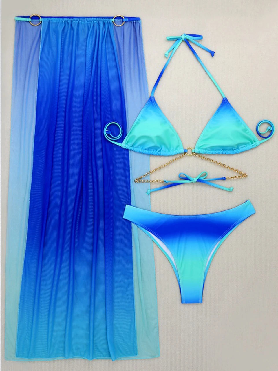 NEW Arrivals 3PCS Set 3 Colors Backless Bikinis & Long Beach Skirt Swimwear New Women Ring Link Swimsuit Lady Bathing Swimming Summer Girls Ladies Sexy Beachwear Suit