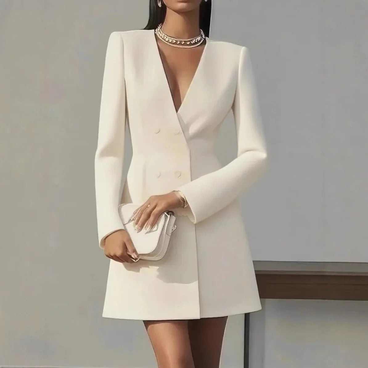 Just Arrived Black/Beige/Blue/Pink Color S-2XL UK Size New Women's Fashion Double-Breasted Deep V-Neck Slim-Fit Suit Dress Elegant Luxury Formal Party Office Business Mini Dress