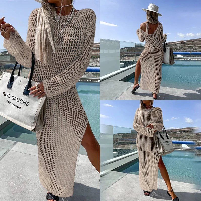 NEW Arrivals 5 Colors Sexy Casual Women's Beach Holiday Style Fishing Net Hollow Crew Neck Long-sleeved Bikini Swimsuit Fishnet Cover Up Split Maxi Dress