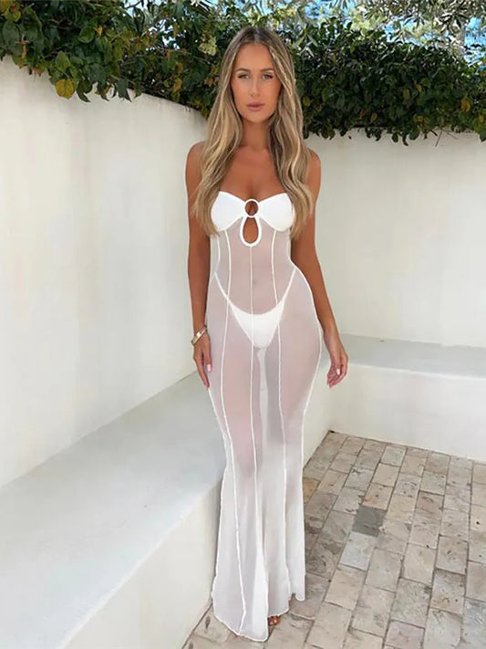 Mesh See Through Hollow Out Sexy Party Club Bodycon Maxi Long Dress Women Autumn Winter Strapless Backless Y2K Dresses Vestido