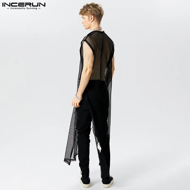 Stylish Casual Style Tops INCERUN Men's Sexy See-through Mesh Long-style Tank Tops Male V-neck Strap Sleeveless Thin Vests S-5XL