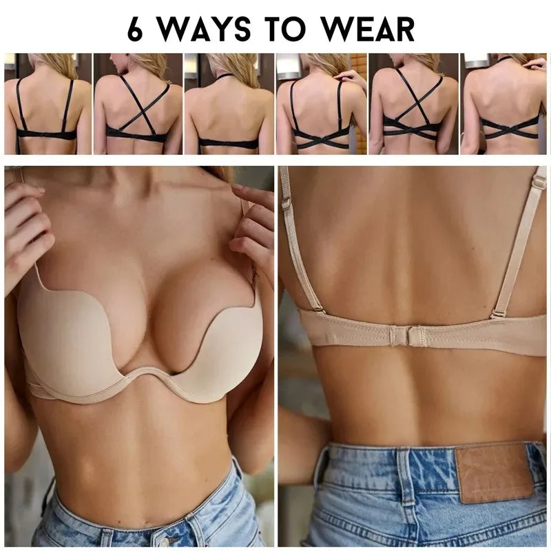NEW 5 Colors Large Size Sexy Women Lingerie Backless Bras Underwear Deep V-Shaped Low Cut Push Up Bra Intimates Female Sport Yoga Bralette Low Back Invisible
