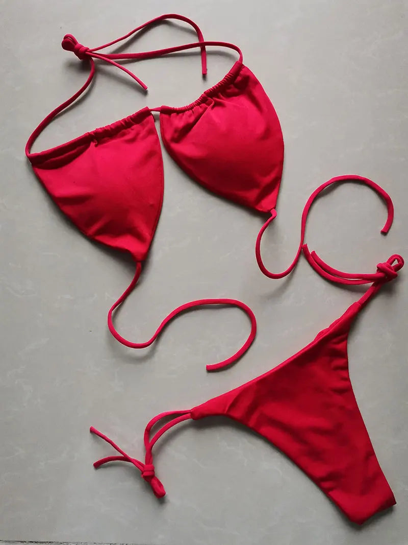 2 PCS Set S-XL Multi-Colors Summer Women's Sexy Bikini Push-Up Padded Bra Brazilian Thong Split Swimwear Female Bandage Bathing Suit Adjustable Lacing Swimsuit Solid