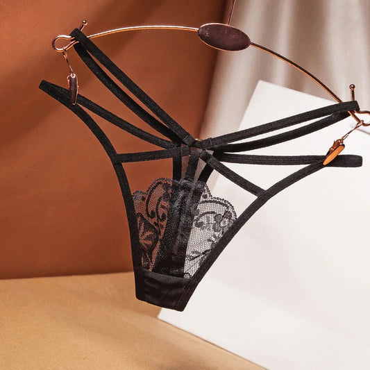 Sexy  Perspective Women's Underwear Lace Fashion Cross Belt Bundled Thong Embroidered G-String Girls Briefs Ladies Transparent