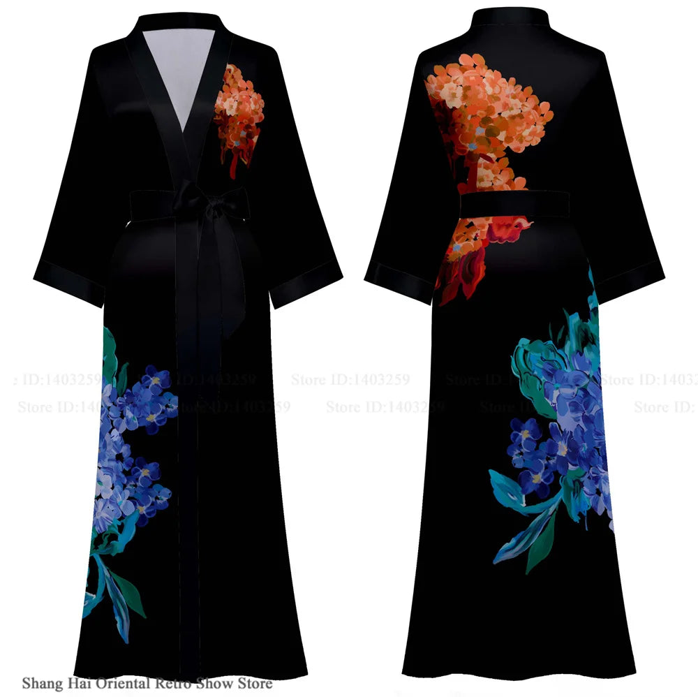 NEW Luxury Japanese Silk Elegant Flower Women Long Robe Loungewear Silky Satin Kimono Bathrobe Gown Spring Autumn New Sleepwear Home Dress Negligee