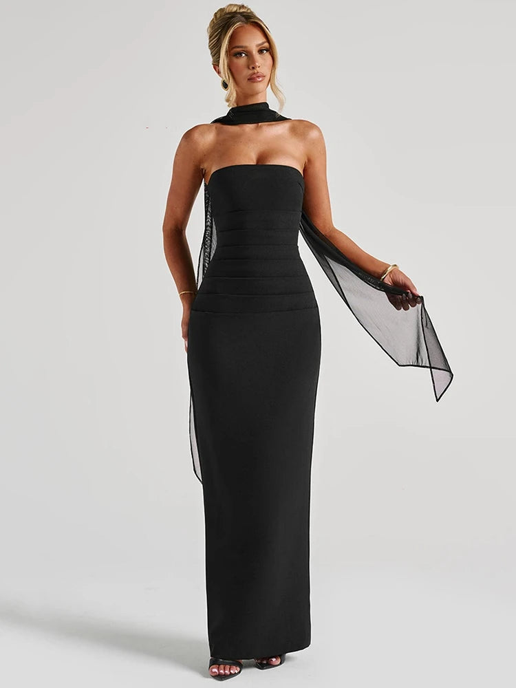 NEW Arrivals UK Size White/Burgundy/Black Color Scarf Collar Strapless Sexy Maxi Dress For Women Fashion Off-Shoulder Backless Bodycon Club Evening  Party Long Dress