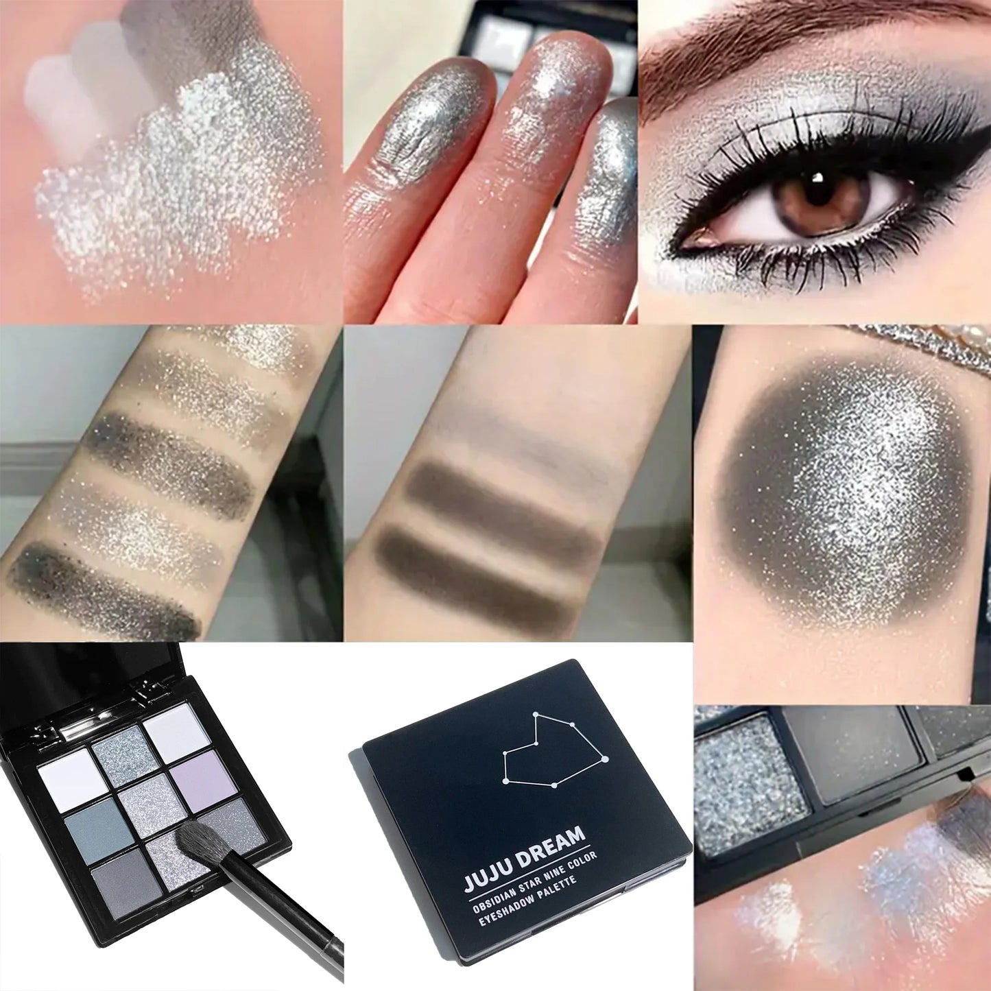 9-Shades Eyeshadow Palette: Black Swan, Smoky, Dark Black, Grey Silver Glitter, Matte Finish, Long-Lasting, and Easy to Color Women Cosmetic Supplies