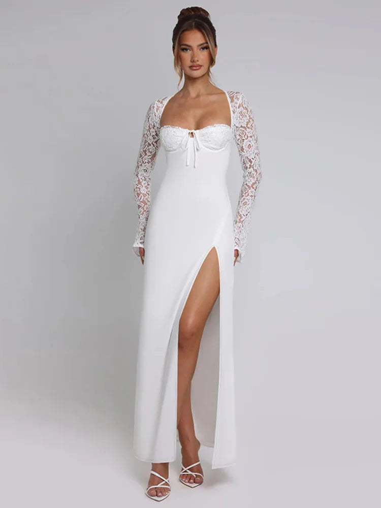 NEW Arrivals UK Size Black/White Color Lace Long Sleeve Sexy Maxi Dress Women Autumn New Square Collar Backless Lace-Up High Split Sexy Evening Beach Night Club Party Long Dress
