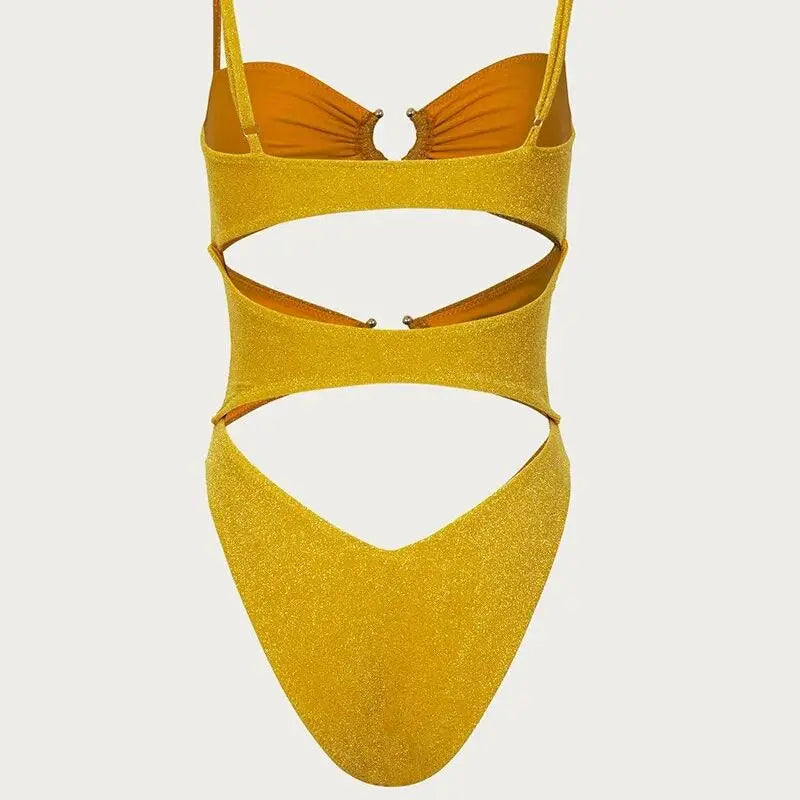 Women Sexy Bikini One Piece Set Gold Printing Lace Up Backless Low Waist Triangle Bathing Suit Beachwear For Women
