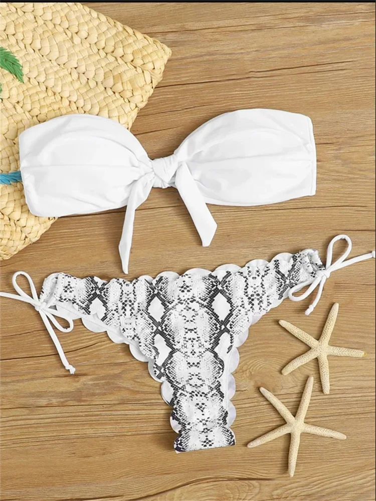 Beach Bikini Woman Sexy Front Lace Up Tie Bandeau Leopard Swimsuit Female Push Up Ruffled Bow Bathing Suit Thong Swimwear