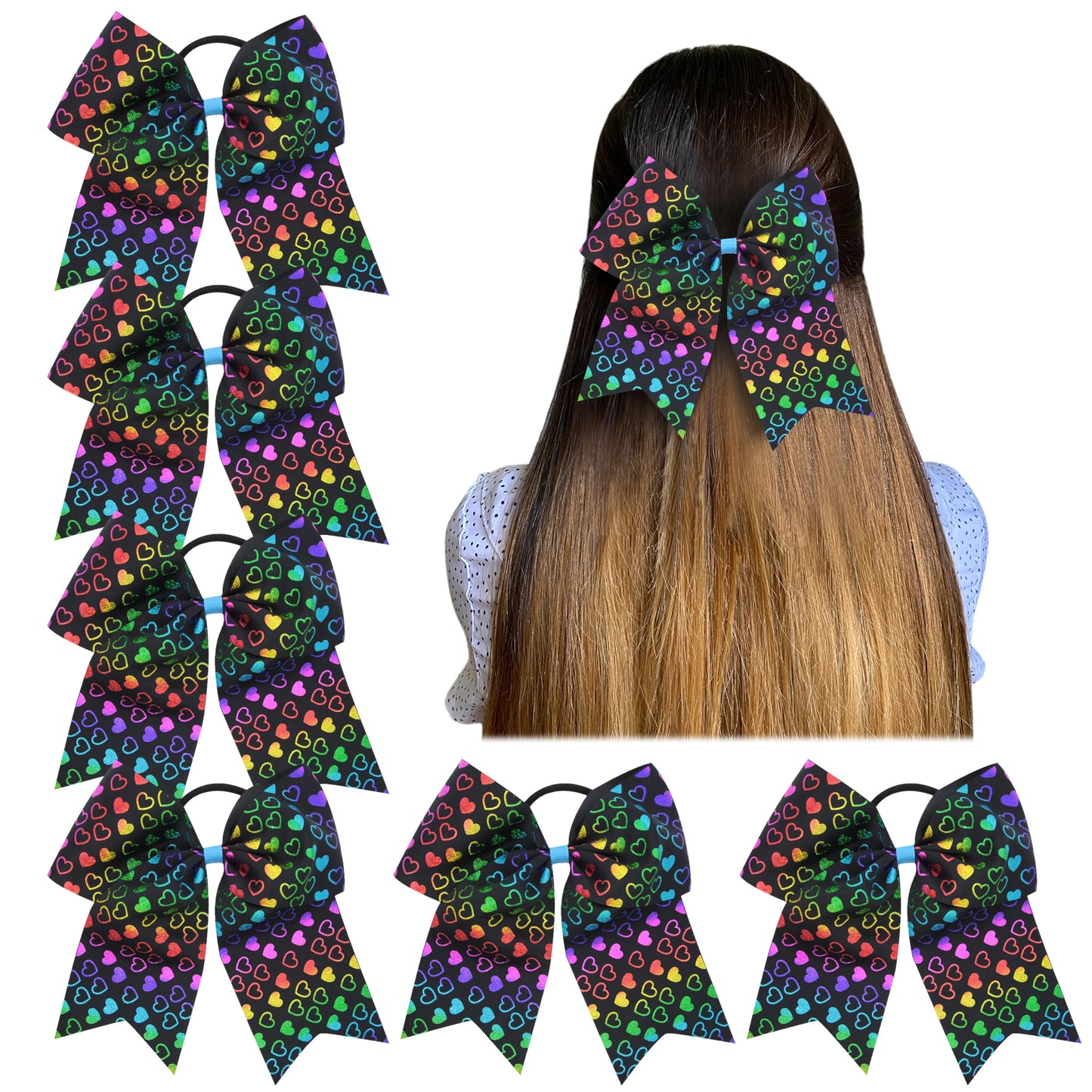 6 Pcs 8"Elastic Cheer Bow Hair bows Boutique Rainbow Grosgrain Ribbon Pigtail Holder For School Girls Teens Cheerleader