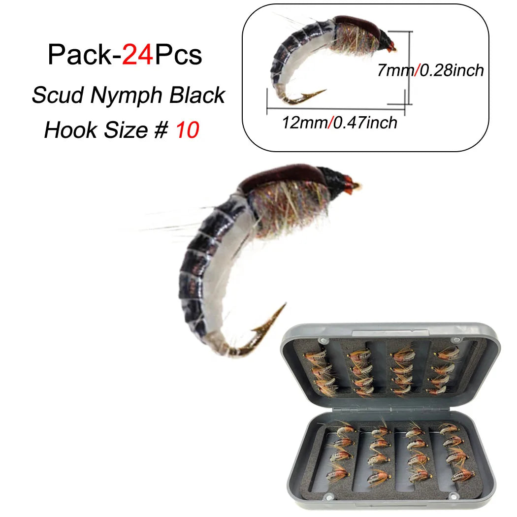 24 PCS Set/Box Nymph Scud Fly Fishing Flies Fly Insects Different Styles Salmon Trout Fly Fishing Lures River Sea Lakes Fishing Accessories